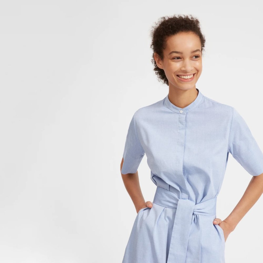 Everlane The Cotton Collarless Belted Shirtdress